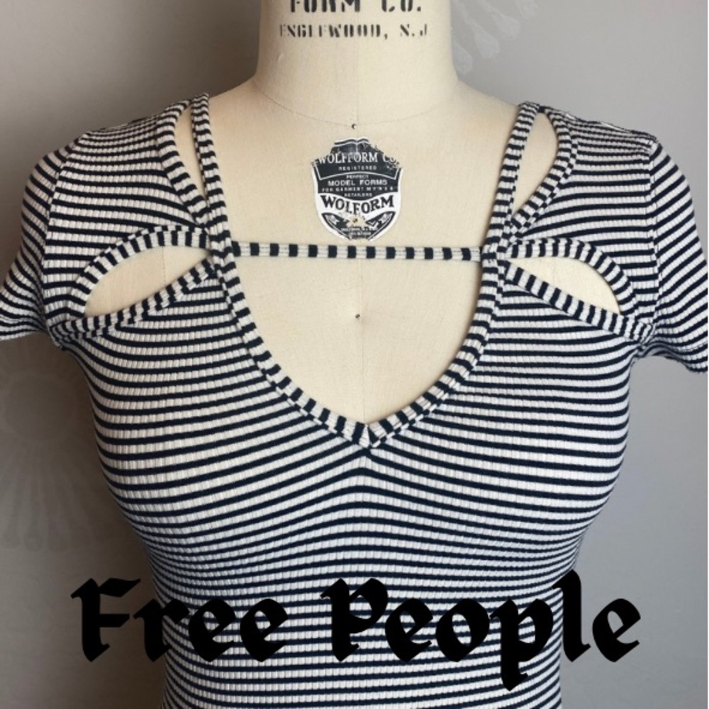 Free People Short Sleeve Stretch Tee with Cut Outs, Black & White, Small